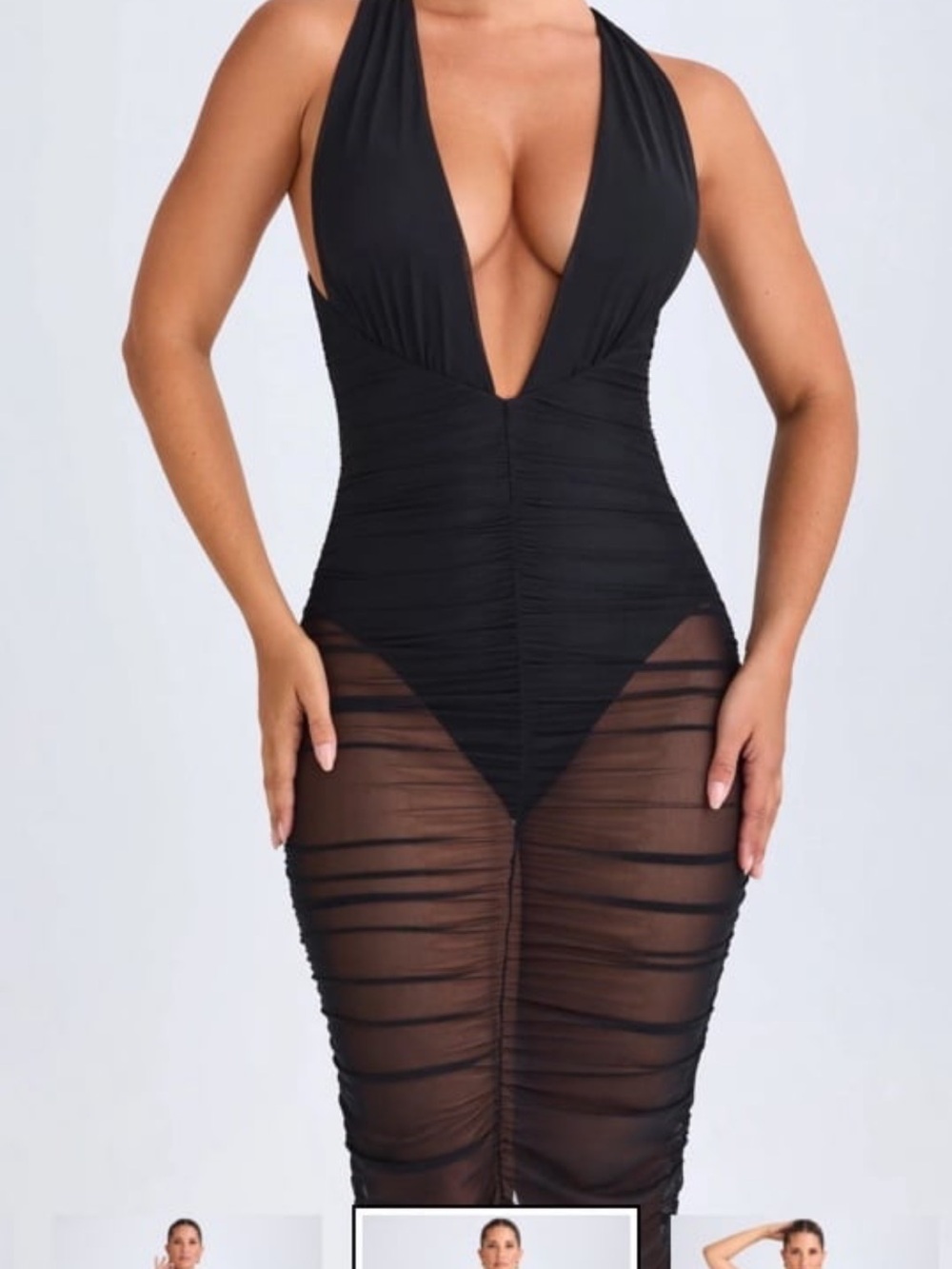 Oh Polly Black Plunge Mesh Ruched Bodycon Dress